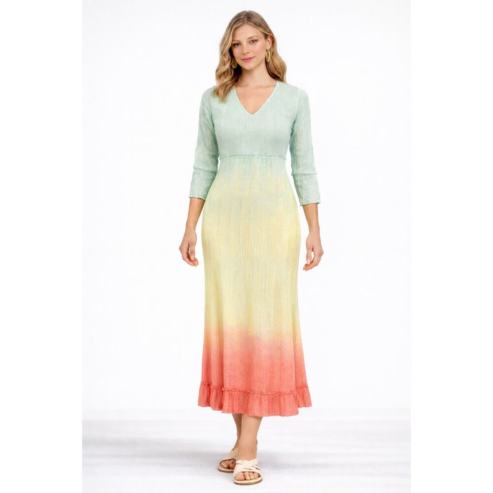 Debbie Katz Rae Ombre 3/4 Sleeve Midi Summer Dress Womens Size Large Lurex